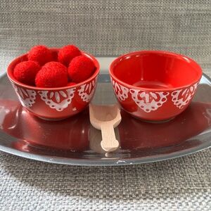 Practical Life Red Paisley Bowl & Felt Poms Wood Spooning by Idlewild Montessori
